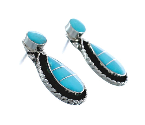 Native American Zuni Turquoise Tear Drop Sterling Silver Inlay Post Earrings JX124235